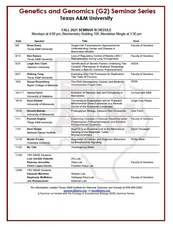 Fall 2021 G2 Seminar Schedule at Texas A&M University