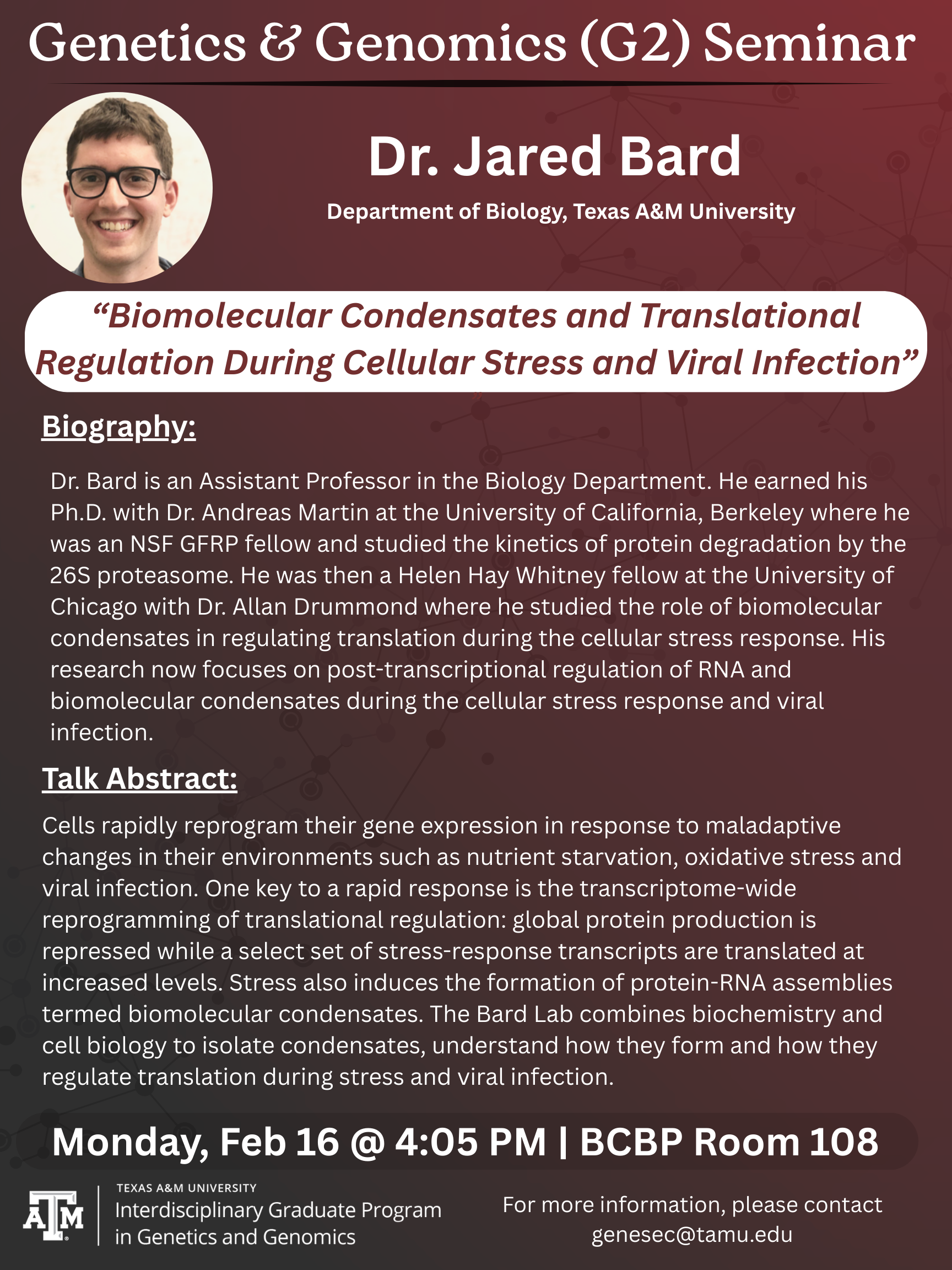 G2 Seminar Flyer for Dr. Bard